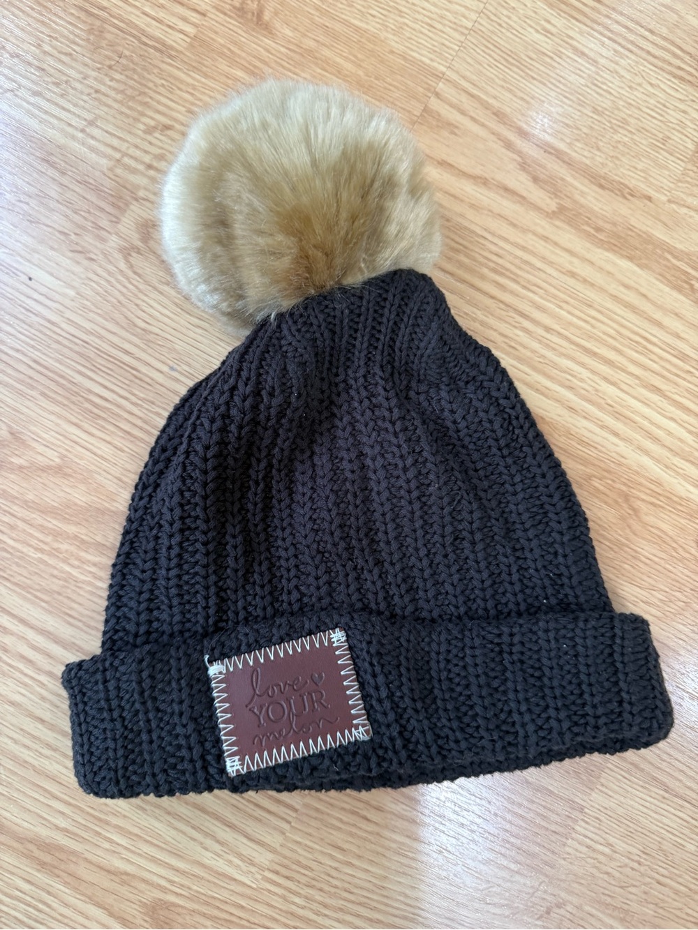 Love Your Melon Black Pom Beanie Faux Fur Pom Made in USA Cotton Knit Hat